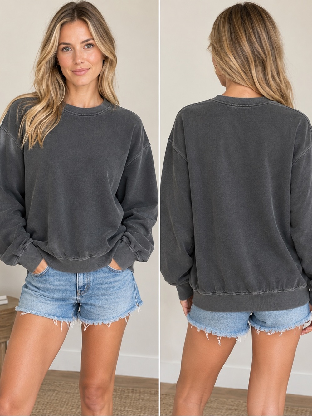 Zenana Outfitters Ash Black Crew Sweatshirt